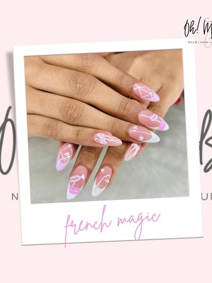 A flirty and fun take on the French manicure. This design includes playful details like bows, pearls, and lip prints over a pink and white base for a truly unique set.
