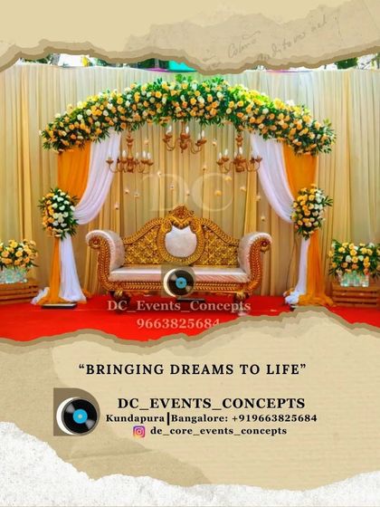 An elegant Mehendi stage with a yellow and white color scheme. The design features a beautiful floral arch, traditional chandeliers, and matching flower arrangements for a cohesive and regal look.