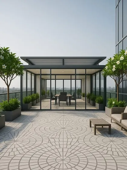 This wide-angle shot shows our patterned tiles connecting an outdoor seating area with a beautiful glasshouse, creating a seamless and expansive entertainment zone.