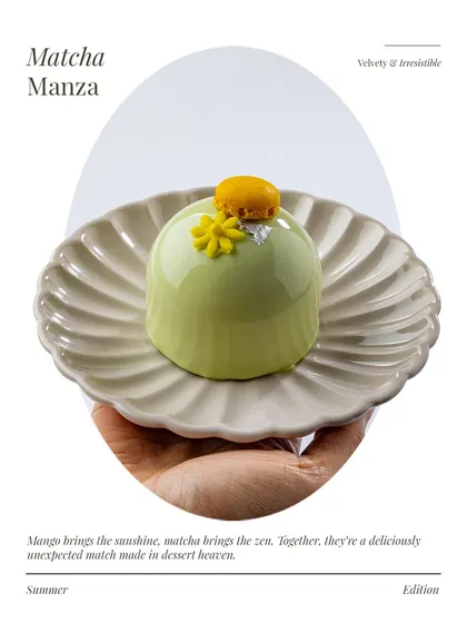 Here I am presenting the Matcha Manza. Mango brings the sunshine, matcha brings the zen. Together, they are a delicious and unexpected match made in dessert heaven.