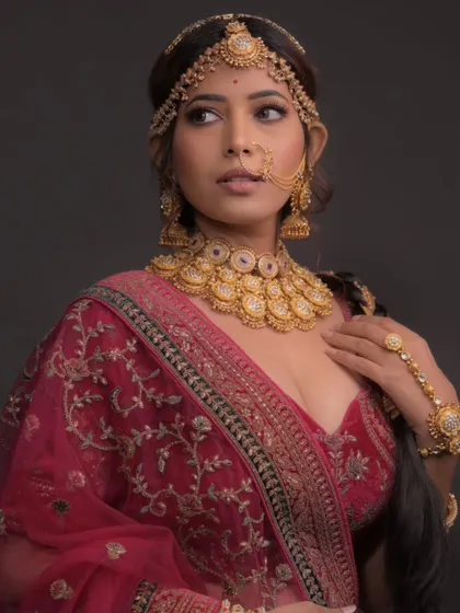 A full-length view of this bridal look, showing the braided hairstyle and how it works with the entire outfit.