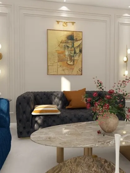 A decor tip from one of our designs: add color to a neutral room using bold wall paintings and colorful cushions.