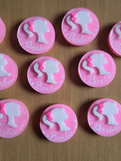 Pink Barbie-themed soaps with the classic silhouette and logo. These are always a hit for Barbie-themed birthday parties.