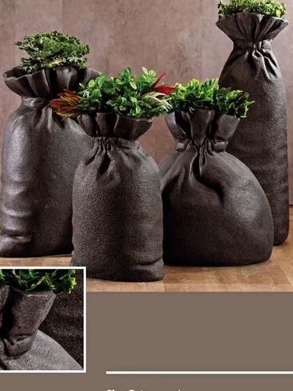 These sack-shaped planters are full of character. Their soft, organic form provides a playful contrast to the structured leaves of the plants they hold.