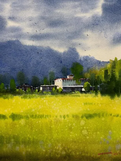 A sweeping landscape with green fields under a dramatic, cloudy sky. This piece shows how watercolor can be used to create both vibrant colors in the foreground and atmospheric depth in the distance.
