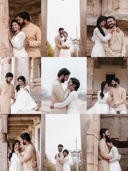 A grid collage of a couple's pre-wedding shoot at Melkote temple, showcasing their love amidst ancient architecture.