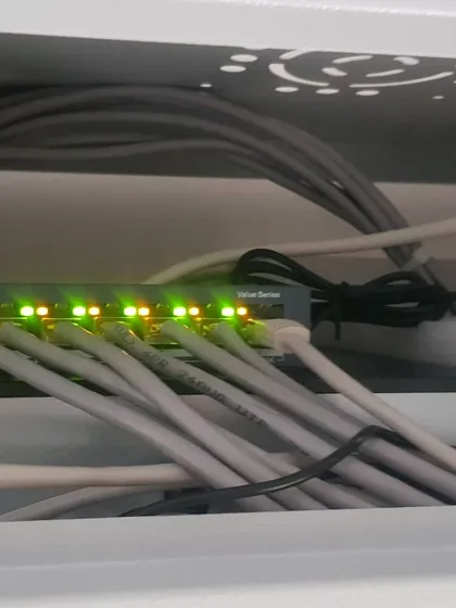 I make sure every connection is solid. This is a close-up of an active PoE switch inside a network rack, with all ports connected and running. The green lights show everything is working correctly.