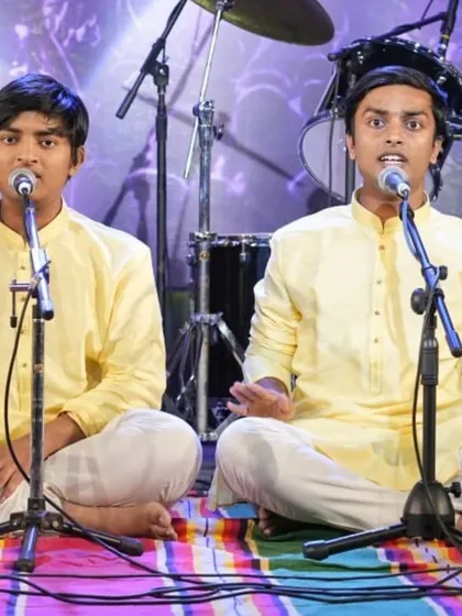 Students Hari Kishan K and Ramanujam D K singing together during their performance at Kalaa Sangama.