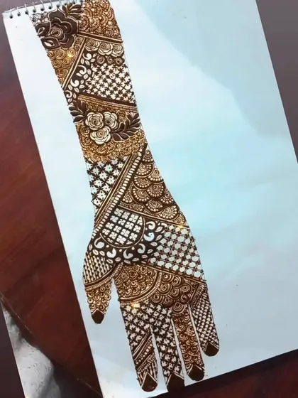 This is an example of an intricate Indian bridal design from my practice book. We break down these complex patterns into manageable steps, focusing on grids, florals, and fine-line work until you can create a full bridal hand.
