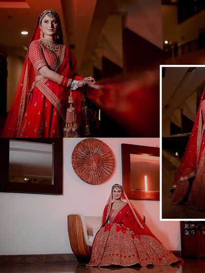 A collage of bridal portraits, showing the bride in different poses. This format is great for showcasing the versatility of the lehenga and the bride's personality from different angles.