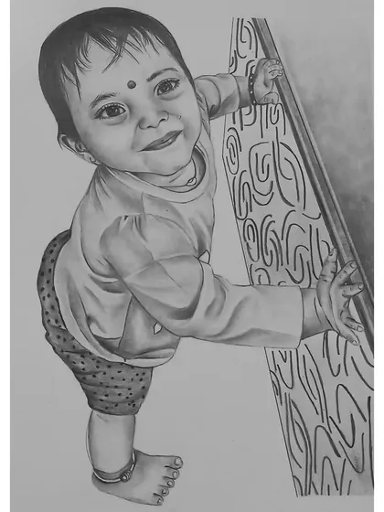 A full-body A4 sketch of a curious toddler learning to stand. I loved capturing the adorable pose and the pattern on the baby's clothes.
