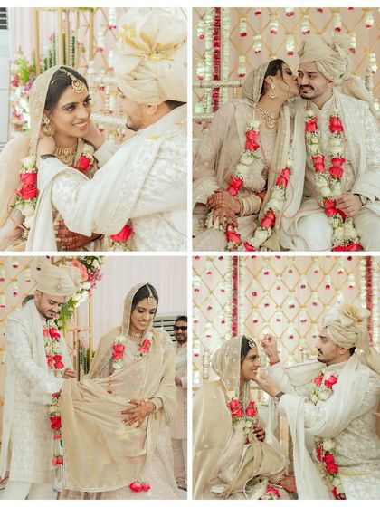 A collage of sweet and playful moments from the wedding ceremony. It captures the groom's loving gestures and the couple's happy interactions.