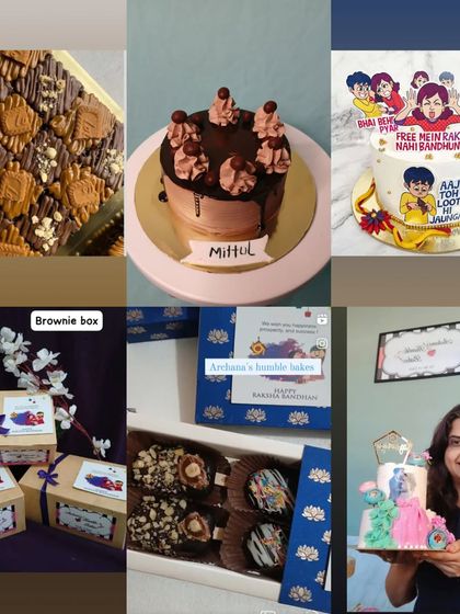 A collage of my Rakhi specials, including custom cakes, brownie boxes, and other gift hampers.