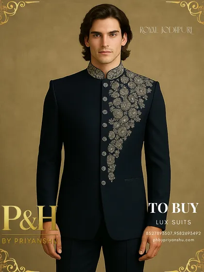 This angle highlights the sharp tailoring and structure of the navy blue Jodhpuri jacket, a hallmark of my bespoke services.
