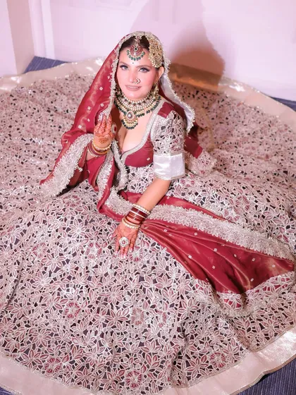 Another shot of my bridal look, showcasing the beautiful spread of the lehenga. As a makeup artist, creating my own dream bridal look was a special experience.