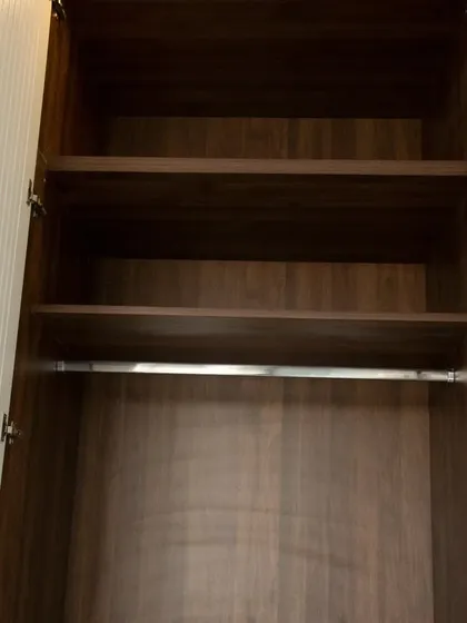 Even our standard interiors are built to last. This view shows a clean wardrobe interior with a hanging rod and shelves, finished in a durable, premium wood-grain laminate.