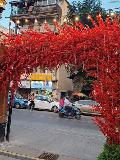The entrance to the Navjote ceremony, where a stunning arch made of bright red flowers makes a bold statement. This creates a festive welcome right from the street, signaling a joyous celebration within.