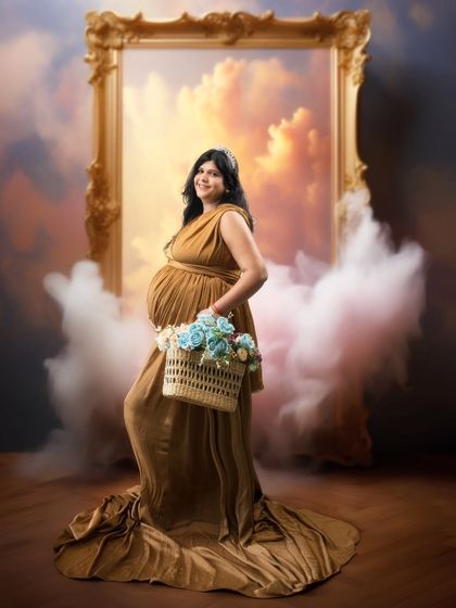 A touch of fantasy, a moment of reality. This ethereal shot blends the dreamy with the tangible, with a golden-hued sunrise and a basket of flowers.