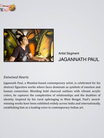 An introduction to Jagannath Paul, a celebrated contemporary artist known for his abstract figurative works that explore the complexities of relationships through bold charcoal outlines and vibrant acrylics.