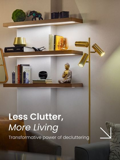 Less clutter means more living. These illuminated floating shelves demonstrate how strategic storage can transform a corner into a beautiful display of personal items, creating a space that is both organized and full of character.