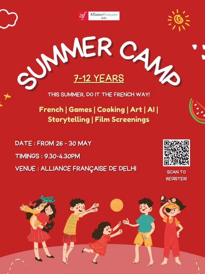 The official poster for our Summer Camp for kids aged 7-12. The poster details a week of exciting activities including French lessons, games, cooking, art, and AI, promising a summer of fun "the French way."