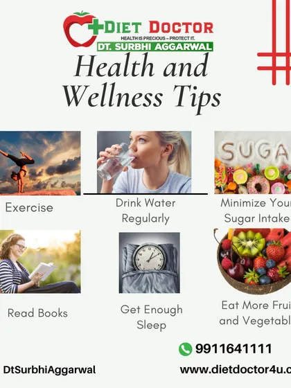 This is a summary of my core health and wellness tips. Exercise, drink water, minimize sugar, get enough sleep, and eat more fruits and vegetables.