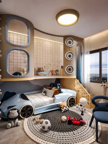 A dream bedroom for a young car enthusiast, this render's centerpiece is the custom car-shaped bed. The visualization also includes a playful loft area and other automotive details.