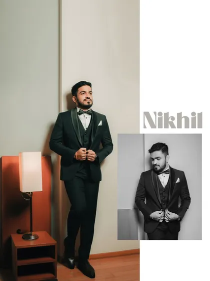 A collage showing the groom, Nikhil, looking confident and ready for his big day. This captures both a full-length pose and a candid moment.