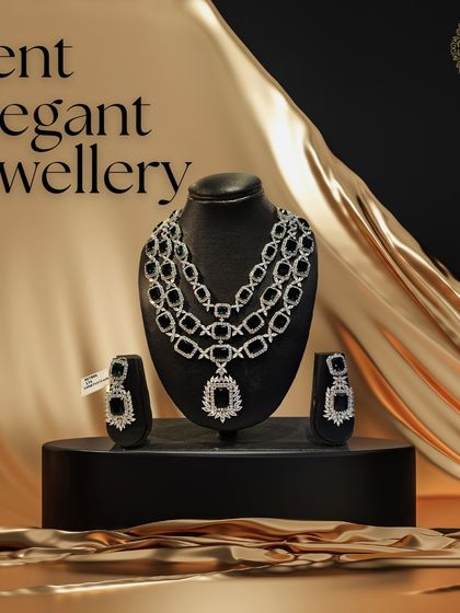 Rent elegant jewellery from our collection for any occasion. This three-layered American Diamond necklace with black stones is a showstopper, perfect for a black-tie event or reception.