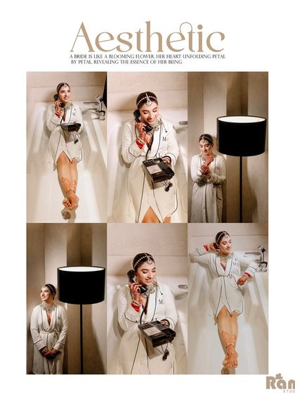 An aesthetic and unconventional bridal shoot collage, showing the bride in a bathtub wearing a stylish robe over her jewelry, talking on a vintage phone.