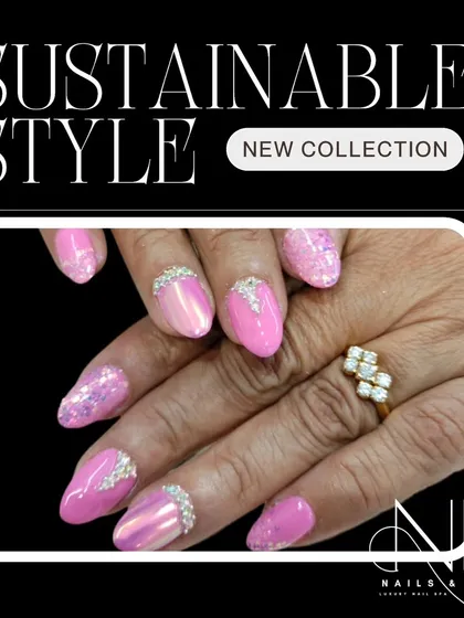 Showcasing our new collection of sustainable styles. This iridescent pink set with rhinestone details is both beautiful and consciously created.