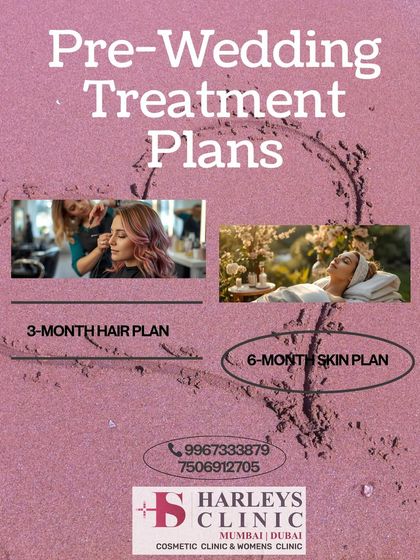 We offer comprehensive pre-wedding plans for both brides and grooms. This graphic outlines a sample 3-month hair plan and 6-month skin plan to ensure you look your absolute best on your big day.