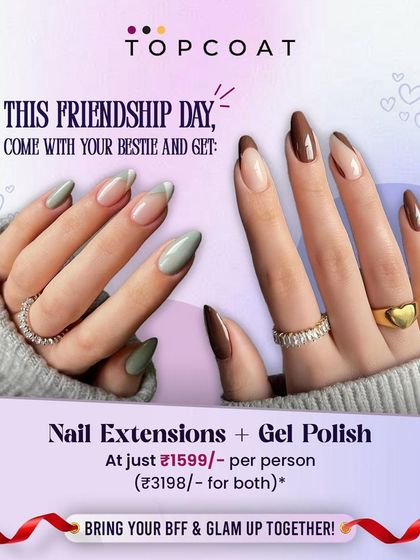 Our Friendship Day offer for you and your bestie. This deal includes nail extensions and gel polish for two, so you can bring your BFF and glam up together.