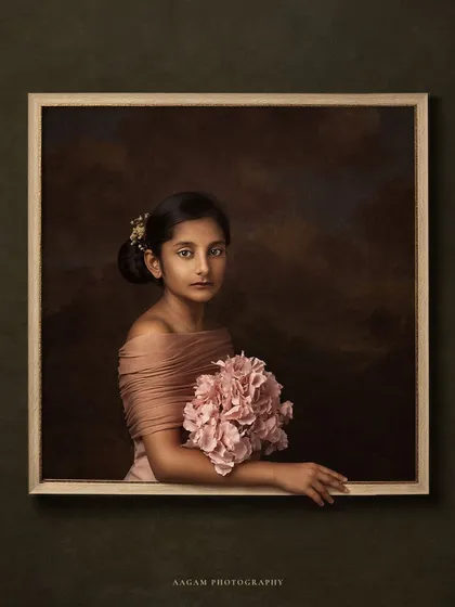 The color version of the framed portrait. The warm, earthy tones and pink flowers add a layer of softness and beauty to this artistic concept.