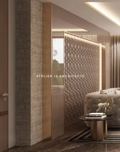 A detail of a sliding partition featuring a unique, three-dimensional quilted pattern. This bespoke element adds a layer of texture and serves as a movable piece of art within the room.