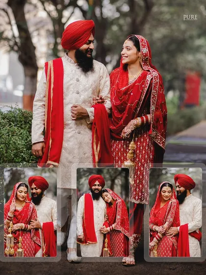 A beautiful collage of a Sikh couple in their wedding attire. The main photo shows them in a classic pose, surrounded by smaller, more intimate moments.
