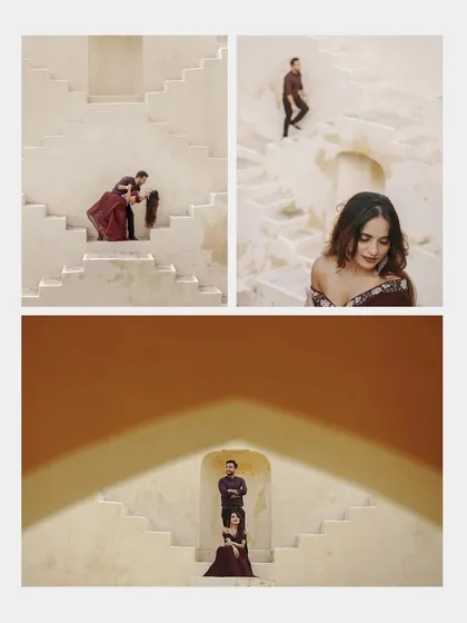 A collage of intimate and creative shots from the stepwell pre-wedding shoot, focusing on their interaction and the unique angles of the location.