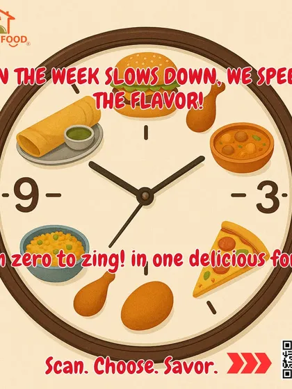 When the week slows down, we speed up the flavor. This food clock shows that it's always a good time for a delicious meal, from dosa to pizza.
