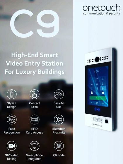 This is the Onetouch C9, a high-end smart video entry station for luxury buildings. It offers multiple access methods including face recognition, RFID cards, Bluetooth, and QR codes, all integrated with a smartphone app.