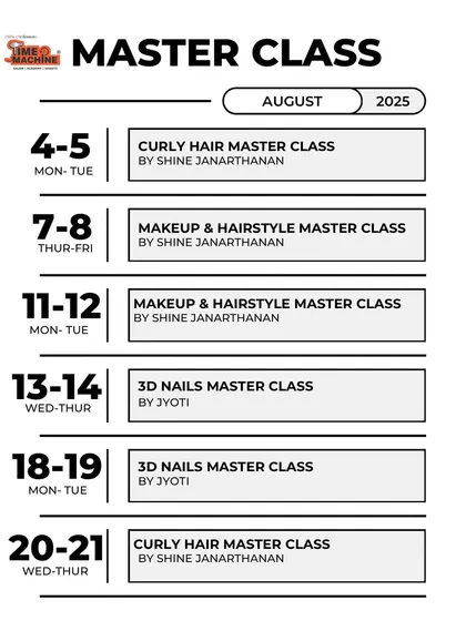 Our masterclass schedule for August, featuring courses in Curly Hair, Makeup & Hairstyle, and 3D Nails.