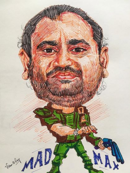 Here's "Mad Max," a caricature created for a corporate awards event. The theme was based on the employee's personality, and it was a blast to bring this action-hero version to life with my pen-hatching style.