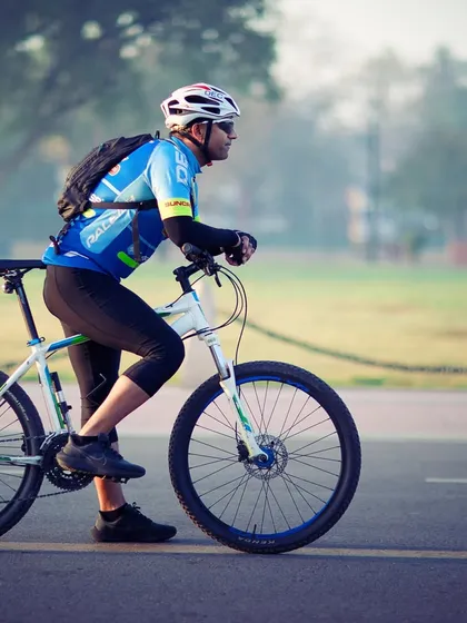 A beautiful shot of a cyclist and his bike. The passion for cycling is evident.