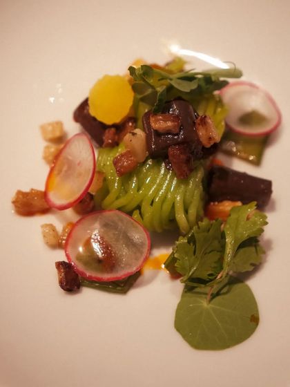 To celebrate the Lunar New Year, I created this dish of silken Green Pea Rice Noodles with a coconut green curry, textures of radish, baby potato, and crispy lotus root.