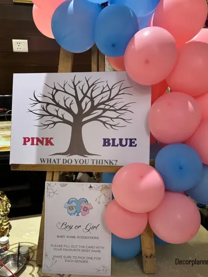 "Pink or Blue, what do you think?" This gender reveal game station is a fun way to get guests involved. The easel with the tree for thumbprints is surrounded by pink and blue balloons to build the suspense.