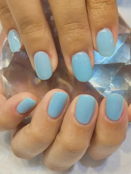 The magic of powder blue dip nails. This is a perfect example of the vibrant, solid colors I can achieve with my stain-free and UV-light-free dip powder system.