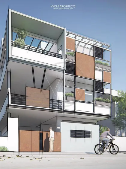 This visual demonstrates my process for a renovation project on Hennur main road. I start with a concept sketch overlaid on a 3D model to help you visualize the complete transformation of a traditional house into a contemporary home using lightweight facade elements.