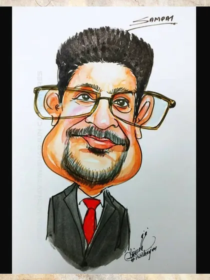 A handmade, colored caricature of a man in a suit. The exaggerated features and bold colors are hallmarks of my classic caricature style.