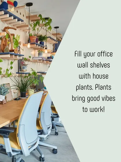 An office space designed with well-being in mind. We filled the wall shelves with a variety of house plants, including trailing pothos, to purify the air and bring positive, natural energy to the work environment.