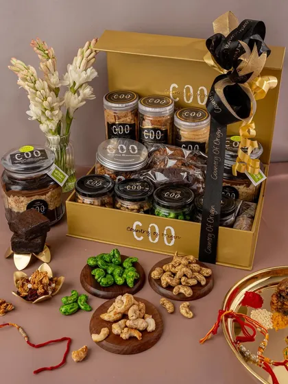 We style and shoot stunning product collections that tell a story. This festive Rakhi hamper was carefully composed to highlight each individual product while creating a cohesive, luxurious feel, making it an ideal gift for the season.