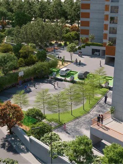 An aerial view of an upcoming community project, illustrating how landscape pockets are scooped out at every level. The design includes a basketball court and play areas, seamlessly integrating active recreation into the residential environment.